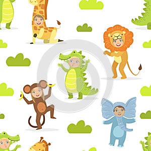 Cute Kids in African Animals Costumes Seamless Pattern, Birthday Party, Masquerade Design Element Vector illustration