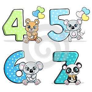 Cute kids anniversary numbers with animals. decor cartoon vector illustration
