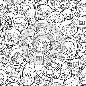Cute kids astronauts seamless pattern. Space characters in spacesuits coloring page