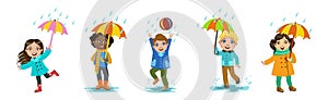 Cute Kids in Autumn at Rainy Day in Coat with Umbrella Vector Set