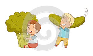 Cute kids with big vegetables set. Boys holding broccoli and cucumber cartoon vector illustration