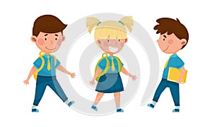 Cute kids in blue school uniform set. Smiling schoolkids going to school with backpacks cartoon vector illustration