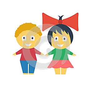Cute kids. Cartoon boy and girl. Auburn curly-haired boy. Cheerful girl with a red bow.