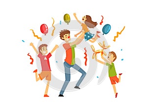 Cute Kids Celebrating Party, Happy Children Having Fun with Clown at Birthday, Carnival Party or Circus Performance