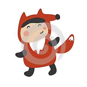 Cute Kids Character. Vector illustration kid wearing animal costumes. Fox costume child