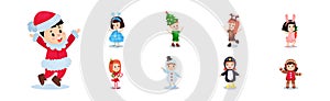 Cute Kids Character Wearing Christmas Costume Vector Set