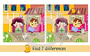 Cute kids characters play hide and seek. Find 7 differences. Game for children. Activity, vector illustration.