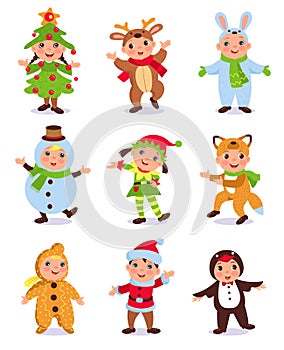 Cute kids in Christmas costumes. Funny children with holiday clothes. New Year characters. Xmas celebration. Babies