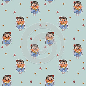 Cute kids collection. Seamless pattern. Little fairy girl with a red bow on her head, long hair, wings and a magic wand