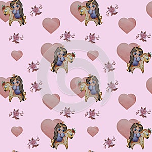 Cute kids collection. Seamless pattern. Little girl princess with a crown and long hair on a unicorn on a pink background with