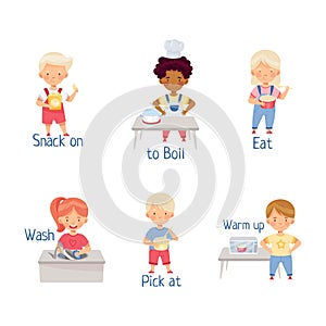 Cute kids cooking in kitchen demonstrating action verbs. Little children boiling, eating, washing vector illustration