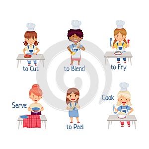 Cute kids cooking in kitchen demonstrating action verbs. Little children cutting, blending, frying, serving and peeling