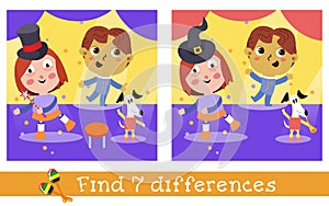 Cute kids and dancing dog. Characters in cartoon style. Find 7 differences. Game for children. Vector full color