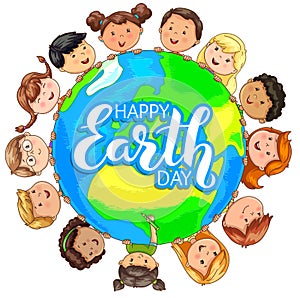 Cute kids different nationalities hold planet on happy Earth day