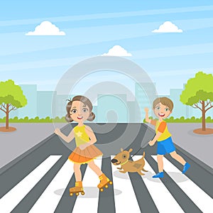 Cute Kids and Dog Using Cross Walk to Cross Street, Children Walking on the Street Vector Illustration