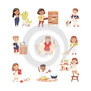 Cute Kids Doing Housework and Housekeeping Washing the Dishes and Dusting Vector Set