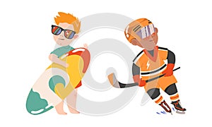 Cute kids doing sports set. Boys playing hockey and riding surfboard. Physical activity and healthy lifestyle cartoon