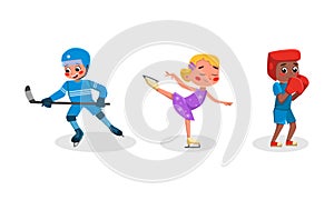 Cute kids doing sports set. Girl and boy playing hockey, figure skating and boxing cartoon vector illustration