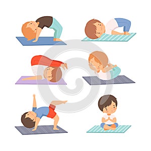Cute kids doing yoga set. Little boys and girls practicing different poses. Early development and healthy lifestyle