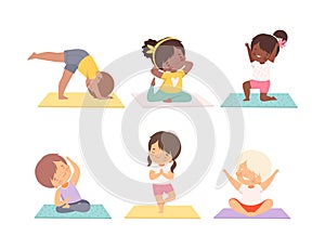 Cute kids doing yoga set. Little children practicing different poses. Healthy lifestyle cartoon vector illustration