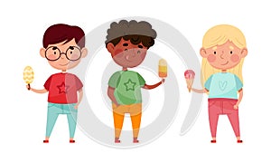 Cute kids eating ice cream. Happy boys and girl feeling happy with their ice cream cartoon vector illustration