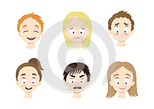 Cute kids emotions collection. Child different faces emotional expressions set. Poster for school, preschool, magazines