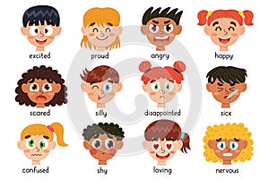Cute kids emotions faces collection. Different emotional expressions of children bundle