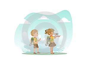 Cute Kids in Explorer Outfit Hiking, Girl Looking Through Binoculars Vector Illustration