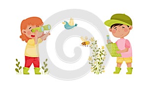 Cute kids exploring birds and insects in forest or park set. Nature lovers looking through binoculars and reading book