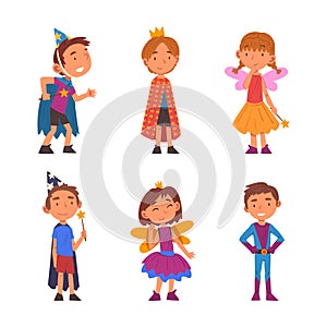 Cute kids in festive costumes. Funny boys and girls in magician, prince, fairy, superhero costume cartoon vector