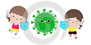 Cute kids fight with coronavirus 2019-nCoV, cartoon character children attack COVID-19 ,people and Protection Against Viruses