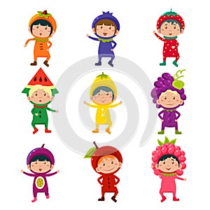 Cute Kids in Fruit and Berry Costumes Vector