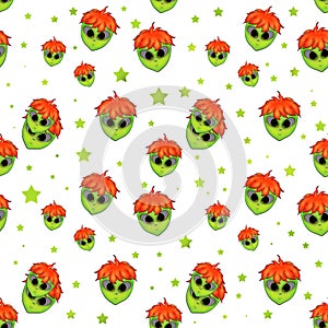 Cute kids green alien head with red hair and big eyes repeating pattern with green stars on white background