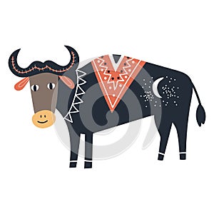 Cute kids hand drawn nursery poster with indian cow animal. Color vector illustration.