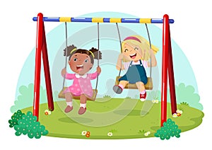 Cute kids having fun on swing in playground