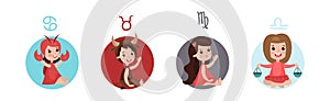 Cute Kids and Horoscope Astrological Sign Vector Set