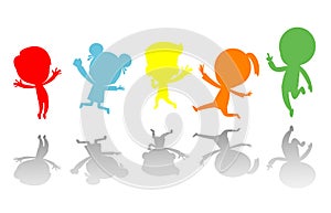 Cute kids jumping colorful ,Child silhouettes dancing, children silhouettes jumping on white background Vector illustration.