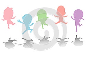 Cute kids jumping colorful ,Child silhouettes dancing, children silhouettes jumping on white background Vector illustration.