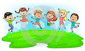 Cute kids jumping on green meadow and blue sky