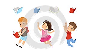 Cute Kids Jumping with Joy and Throwing Books Up in the Air Vector Set