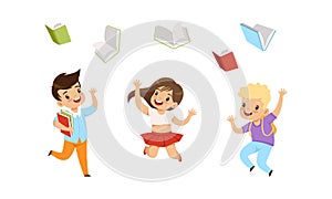 Cute Kids Jumping with Joy and Throwing Books Up in the Air Vector Set