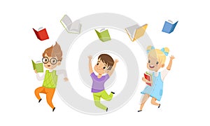 Cute Kids Jumping with Joy and Throwing Books Up in the Air Vector Set