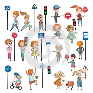 Cute kids learning rules of road set. Traffic education concept cartoon vector