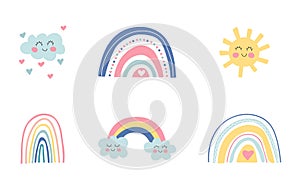 Cute kids nursery collection. Hand drawn rainbows, sun, funny clouds, stars, hearts. Sky background. Baby shower. Lovely