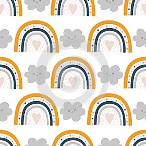 Cute kids nursery rainbow seamless pattern with repeat elements , clouds, stars, sunshine. Vector scandinavian print, pastel