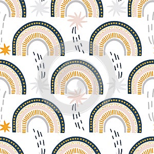 Cute kids nursery rainbow seamless pattern with repeat elements , clouds, stars, sunshine. Vector scandinavian print, pastel