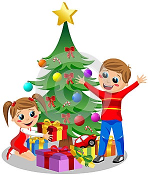 Cute Kids Opening Christmas Gifts photo