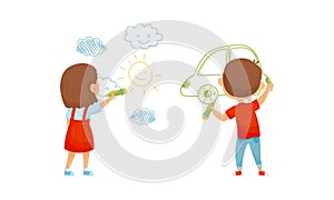 Cute kids painting drawings on wall. View from behind of little boy and girl with crayons cartoon vector illustration