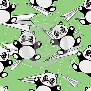 Cute Kids Panda With Airplane Cartoon Background Pattern Seamless