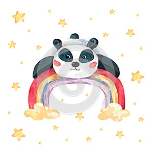 Cute Kids panda bear lies on the rainbow with pink cheeks. Funny watercolor animal greeting card for children